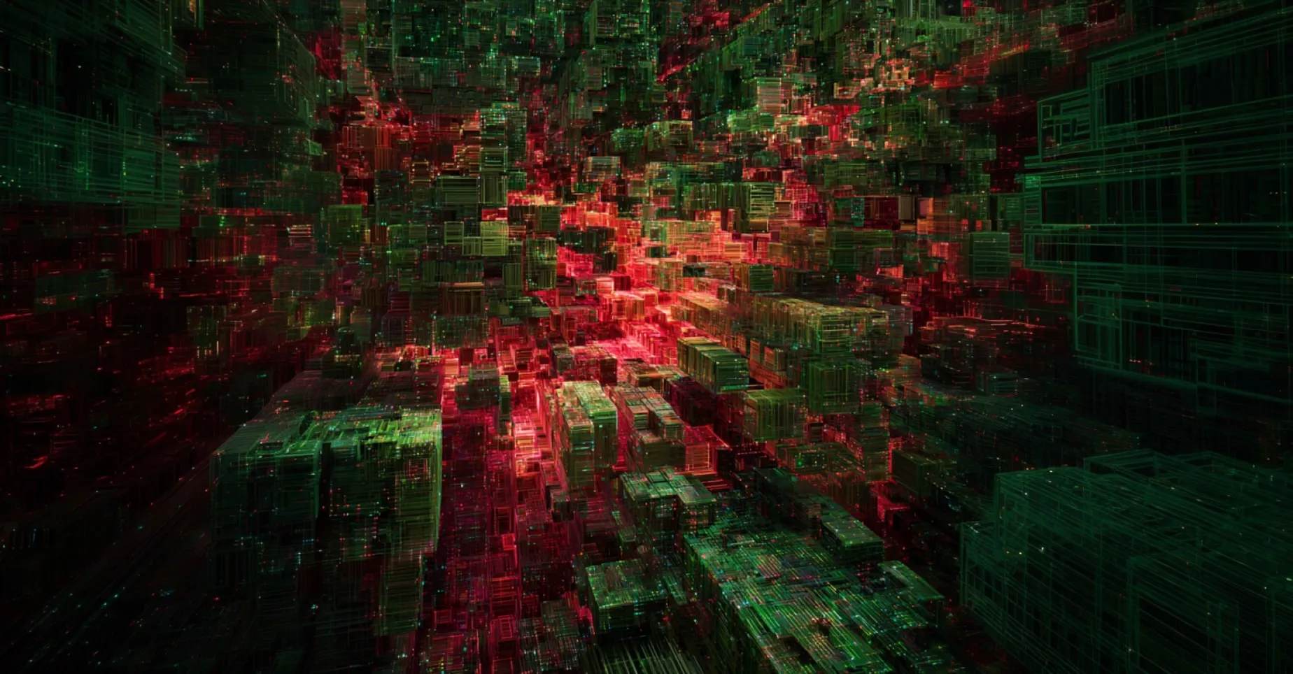 Distributed computing infrastructure with interconnected blocks and data streams in red, green, and amber, representing the hybrid deep learning architecture connecting cloud-based Azure Databricks with on-premises NVIDIA DGX systems for deep learning workloads.