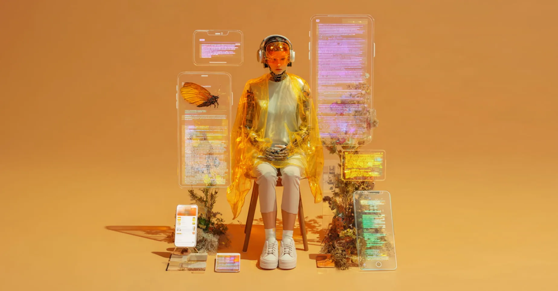 Conceptual image of a person surrounded by floating device screens, representing AI agents for UI design safely generating consistent user interfaces across web and mobile apps.