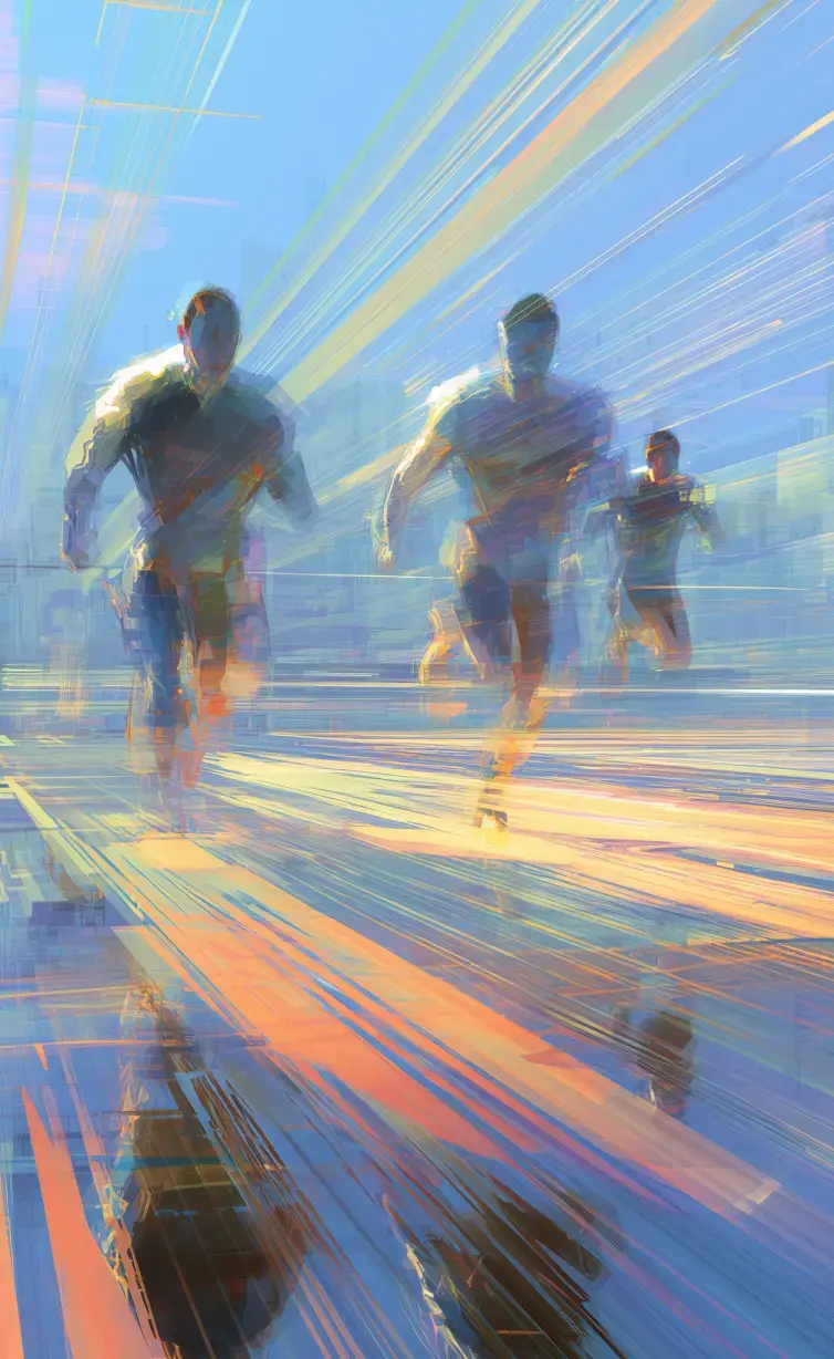 Stylized runners sprint forward along glowing data-like lines, symbolizing speed, performance, and technological acceleration