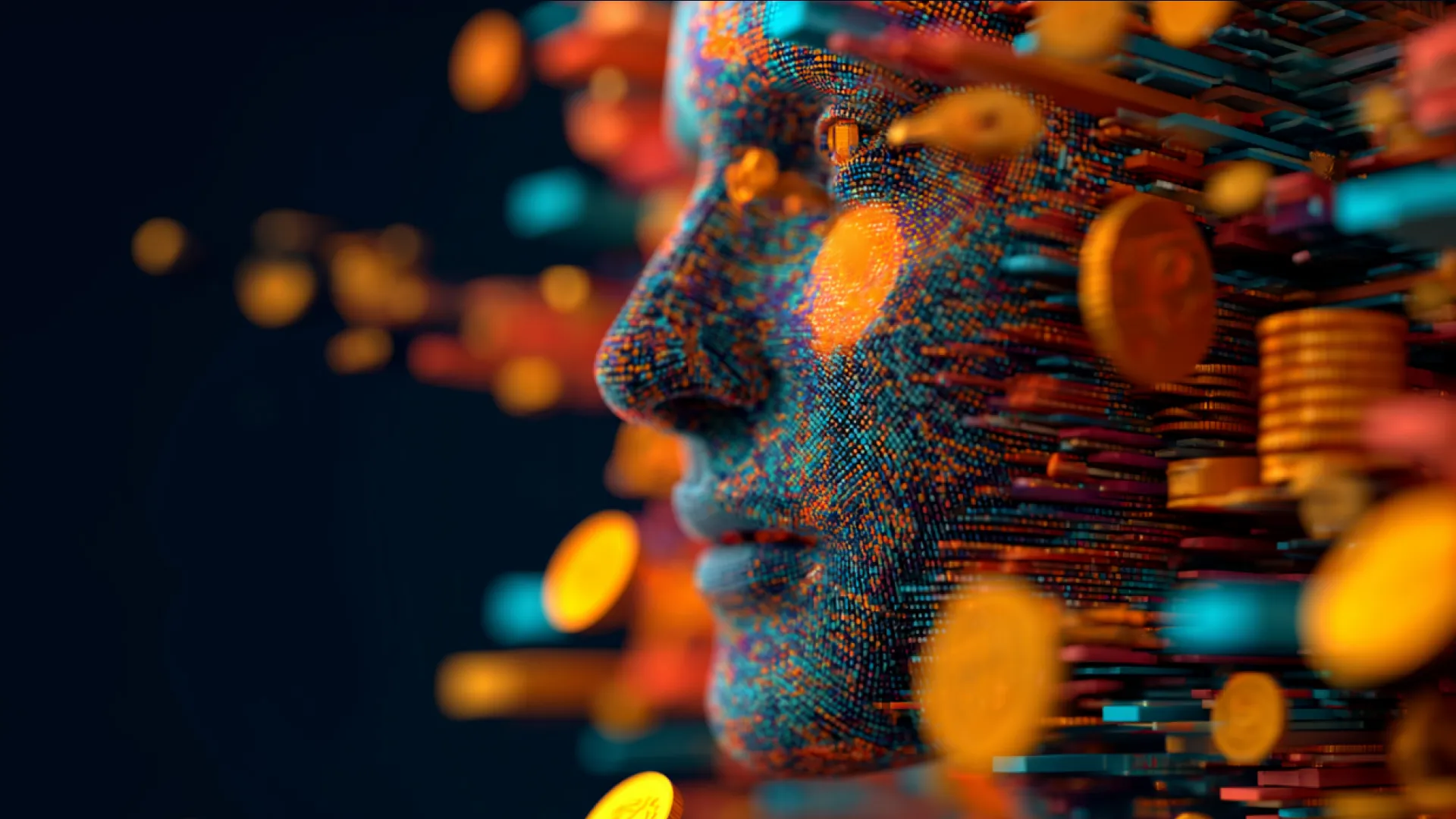 AI-powered expense management agent visualized as a digital face surrounded by floating coins