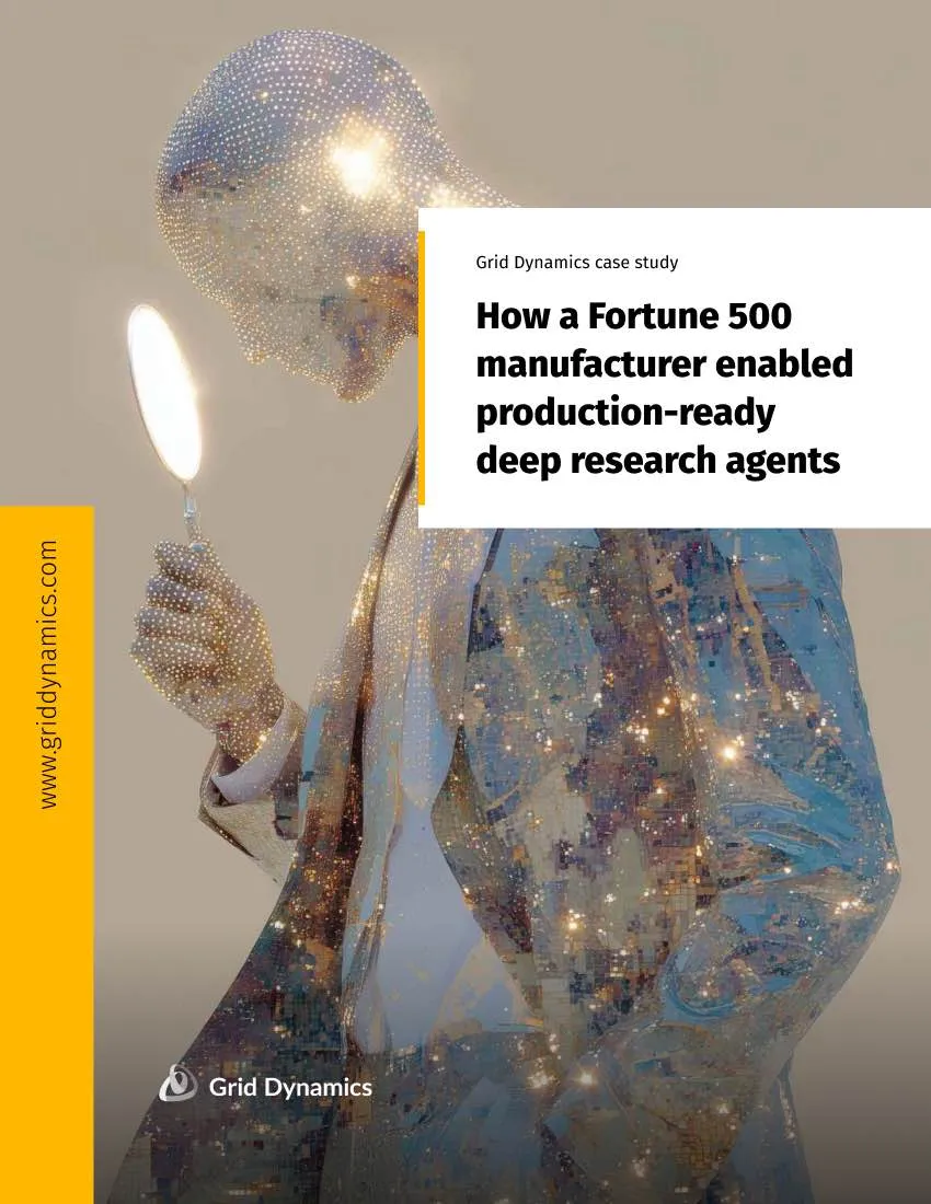 Robot-like businessman looking through a magnifying glass to represent an enterprise deep research agent