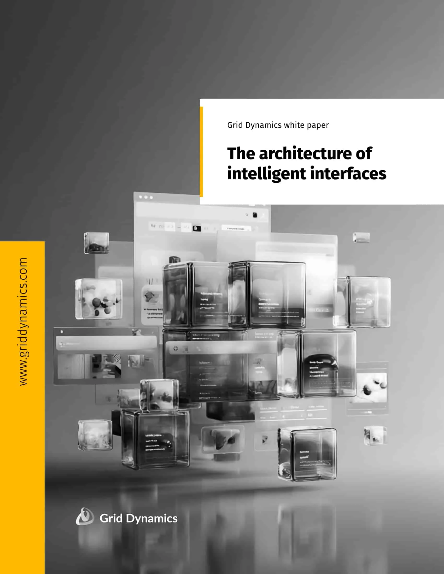 Grid Dynamics white paper cover titled ‘The architecture of intelligent interfaces’ with floating glass-like UI panels.