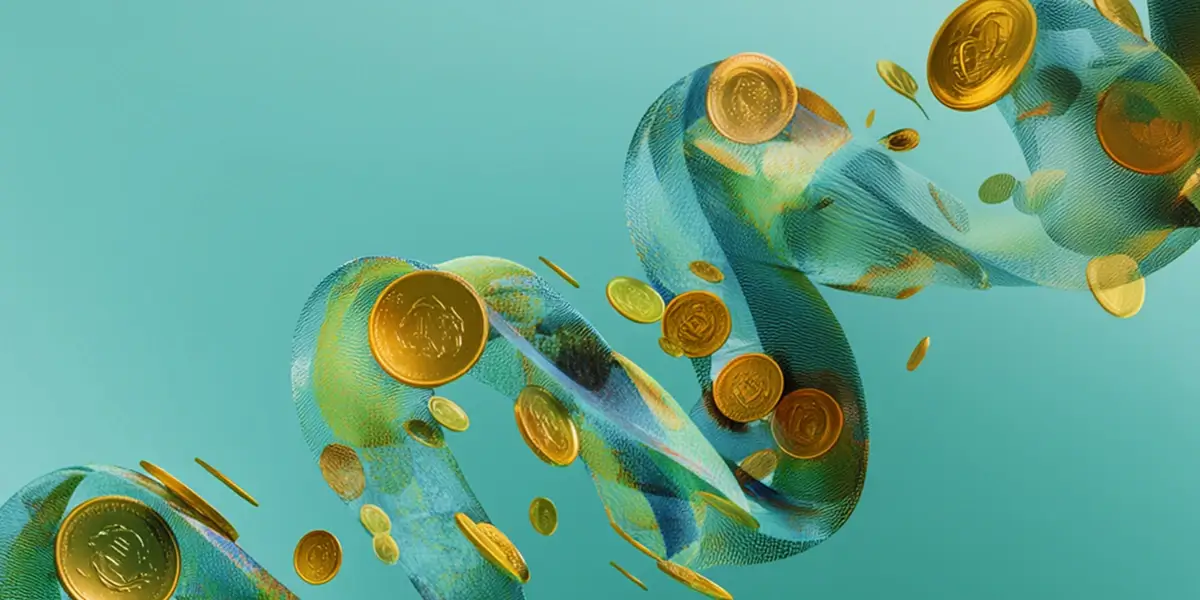 Abstract ribbon with floating gold coins