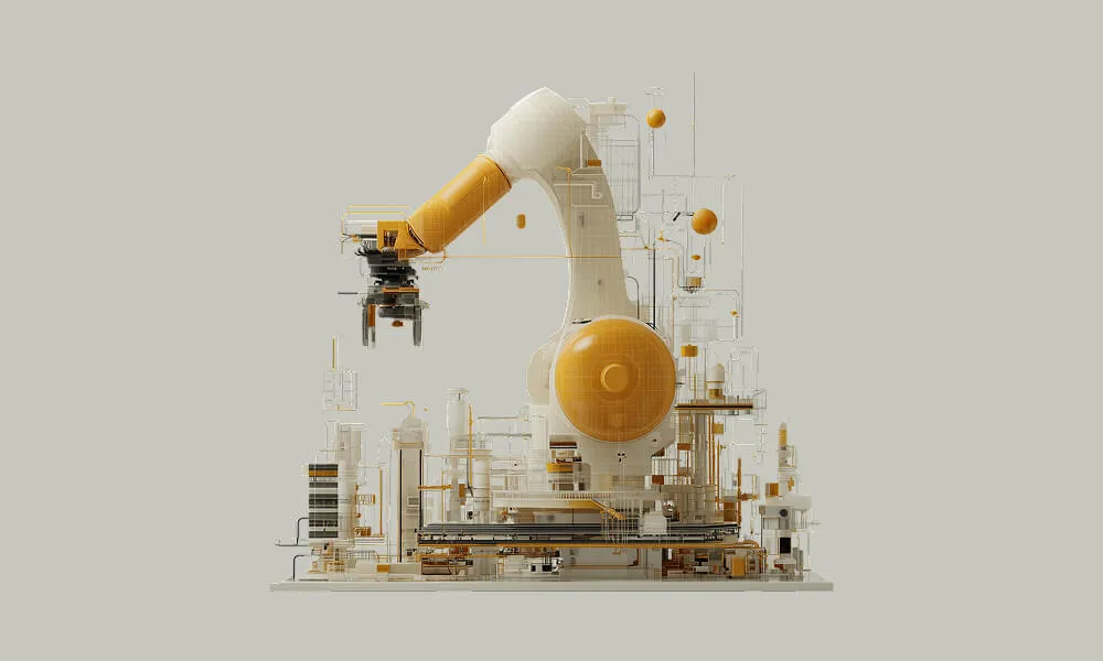 Industrial robotic arm integrated within a complex digital factory system, illustrating automation and interconnected production processes.