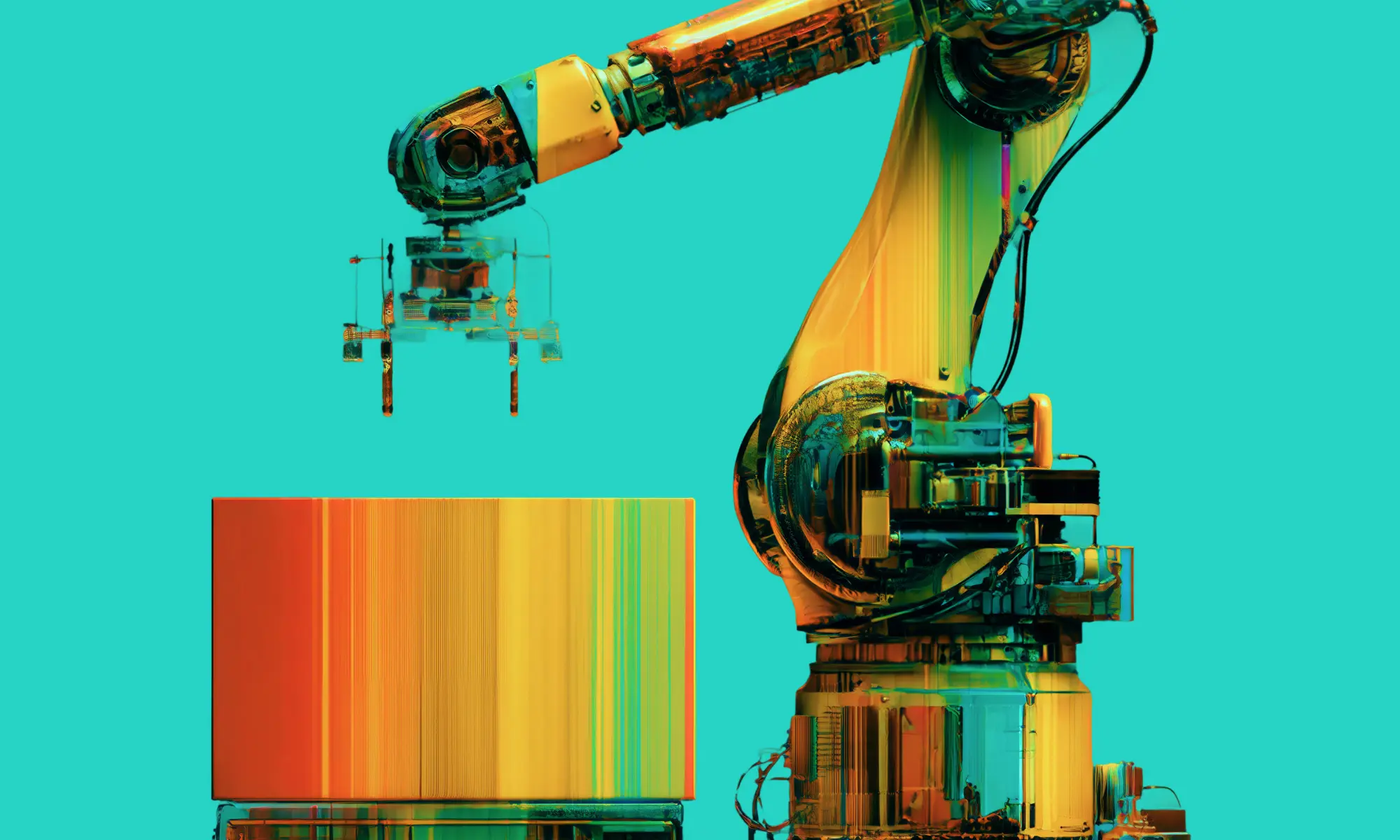 A colorful industrial robotic arm reaching for a brightly striped rectangular box against a solid teal background