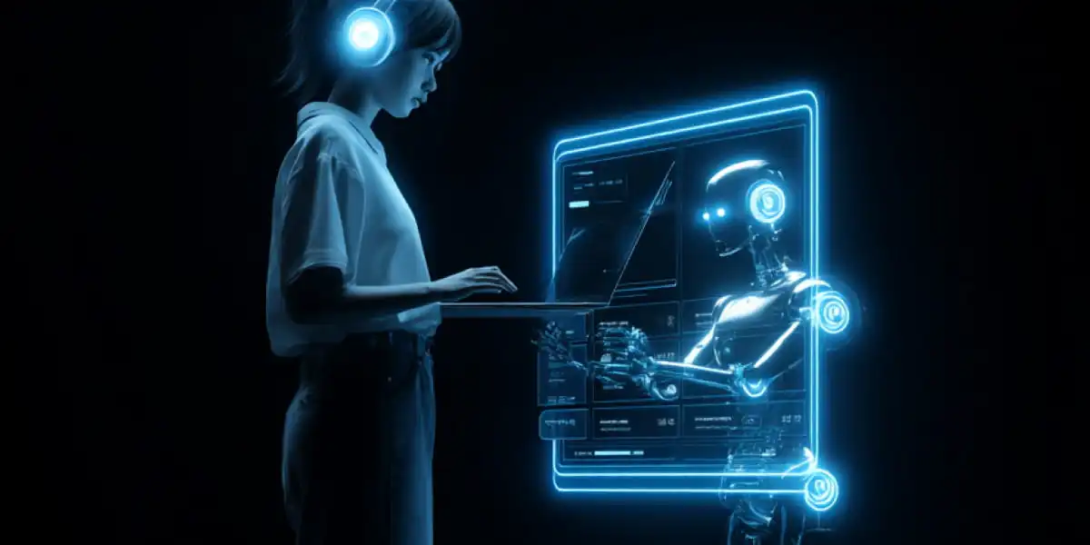 A woman and a robot interacting with a glowing blue holographic screen