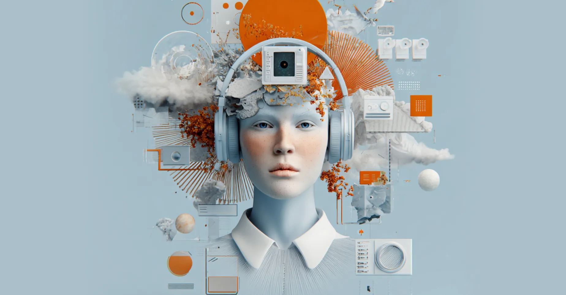 Surreal portrait of a woman with headphones amid data and cloud motifs, illustrating AI-powered modernization.