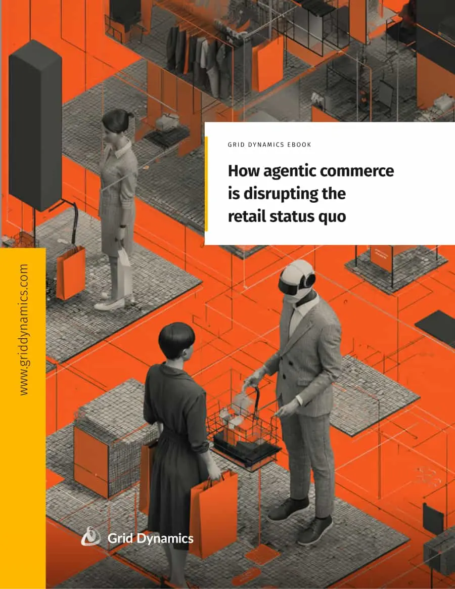 Cover of an ebook with isometric illustration of a woman with a shopping bag interacting with an AI agent in an orange and grey digital store