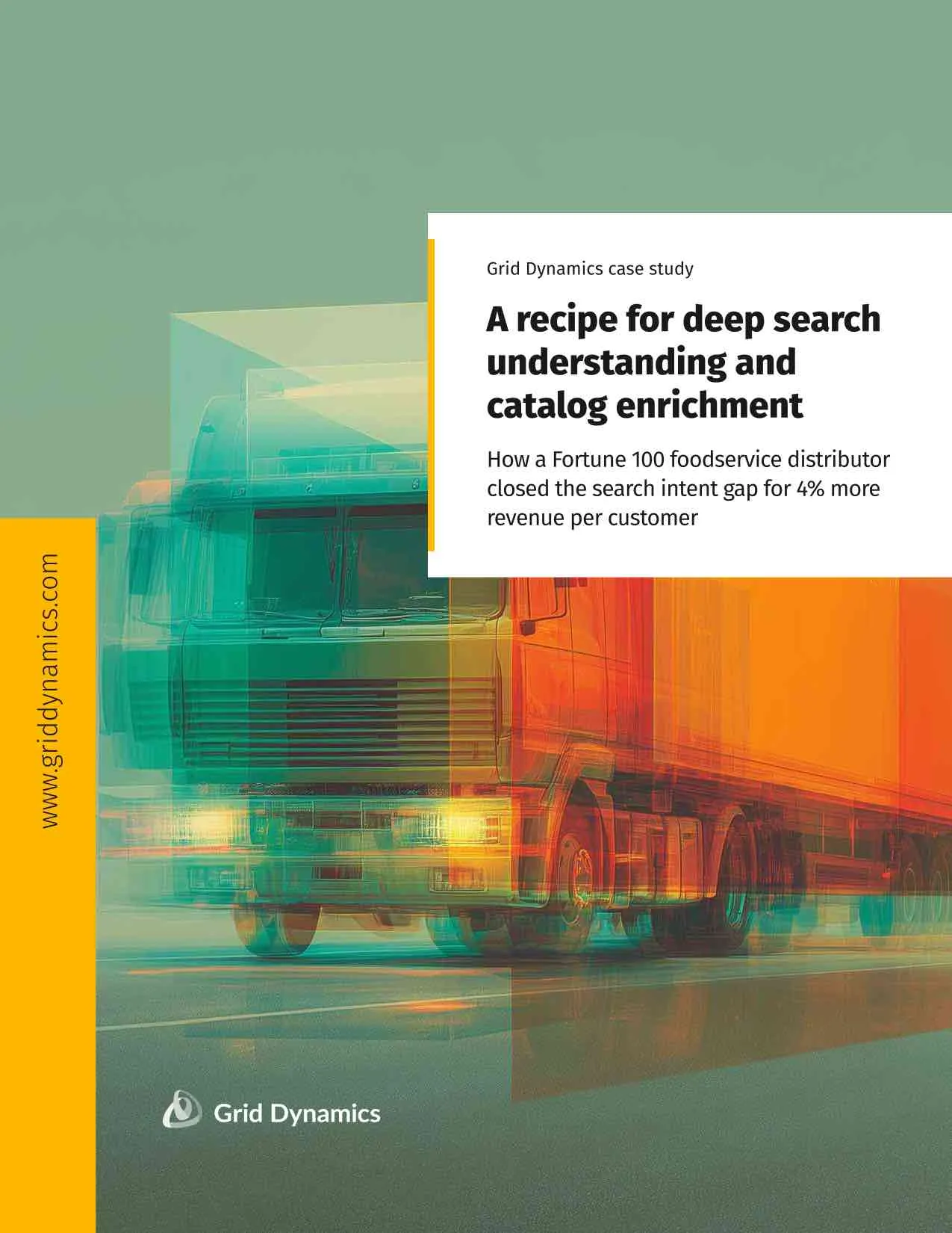 Teal and orange virtual foodservice delivery truck with digital blocks to represent grocery search and catalog enrichment