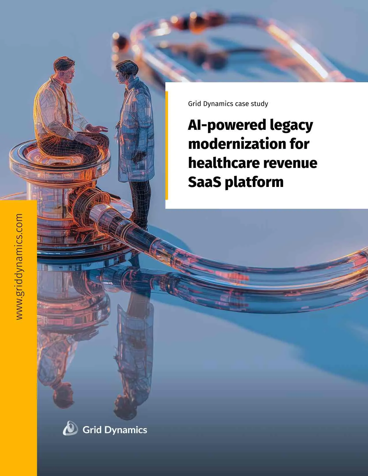 Grid Dynamics case study cover on AI-powered legacy modernization for a healthcare revenue SaaS platform, featuring abstract medical imagery.