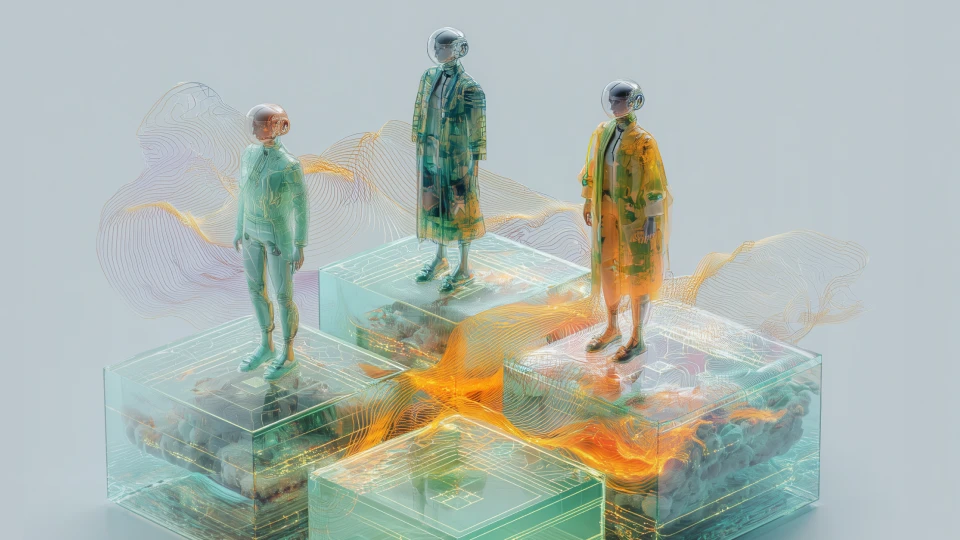 Three AI agents standing on connected microchip blocks to represent multi-agent automation on an agentic AI platform