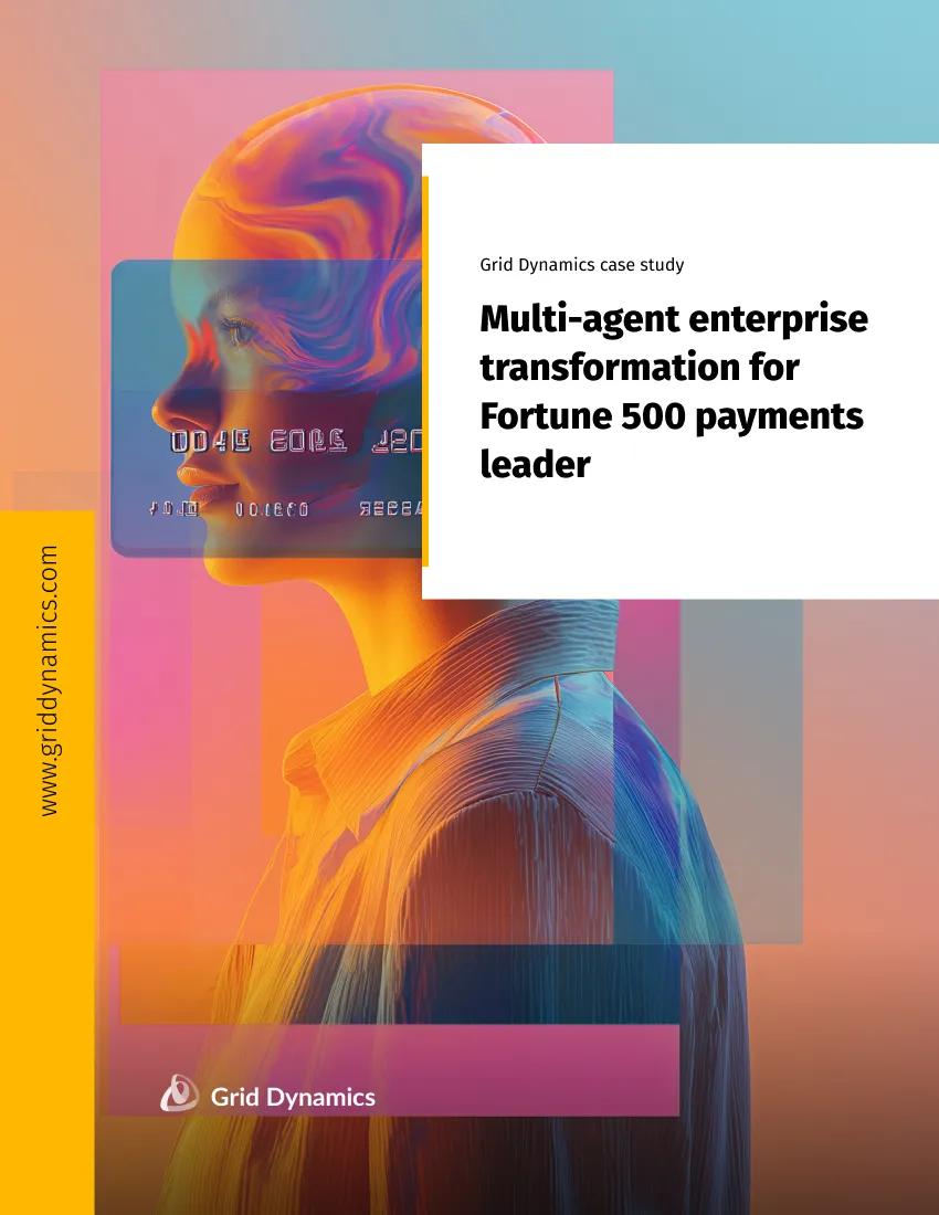 Virtual agent against pink, yellow and blue background with a credit card overlay to represent multi-agent enterprise workflows for payments leader