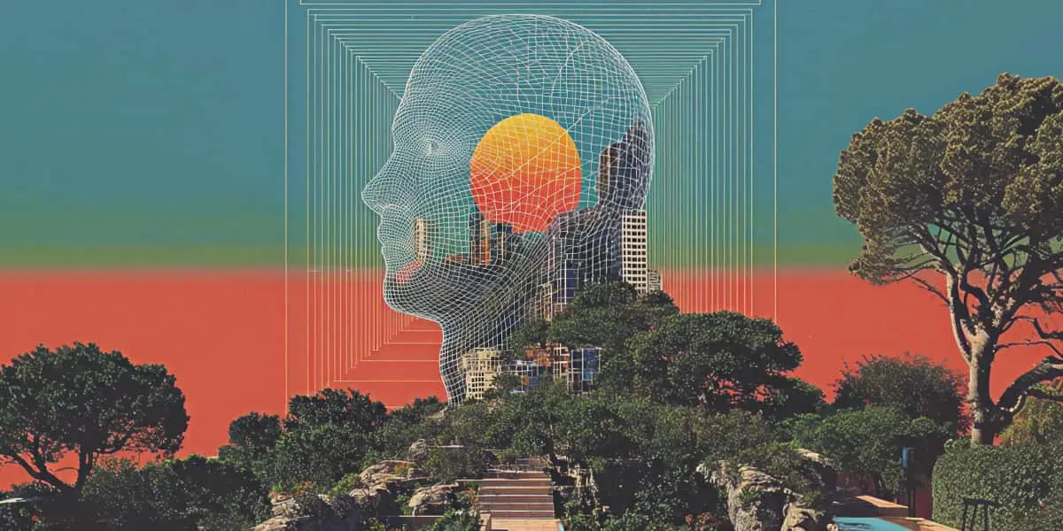 Surreal retro-futuristic art collage of a wireframe human head containing a cityscape and orange sun, set above a lush tiered garden and pools.