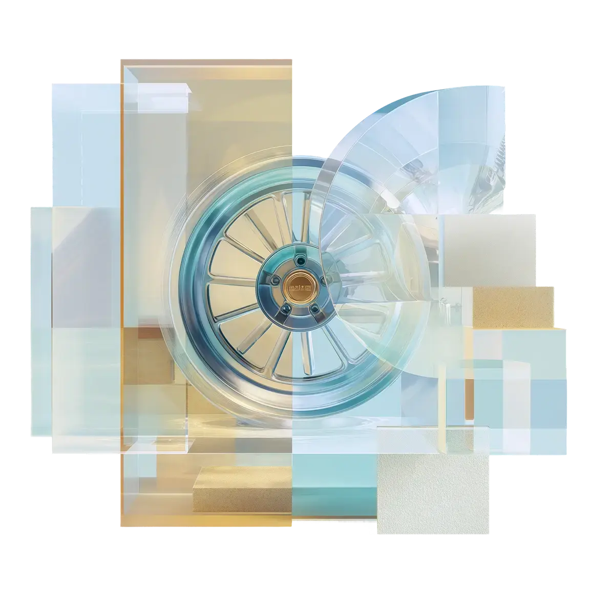 Geometric composition with teal car wheel