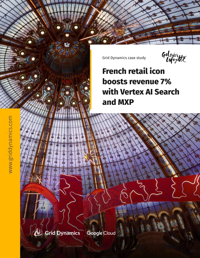Brightly colored red and purple Galeries Lafayette store interior dome as the cover image for Search and Merchandising case study