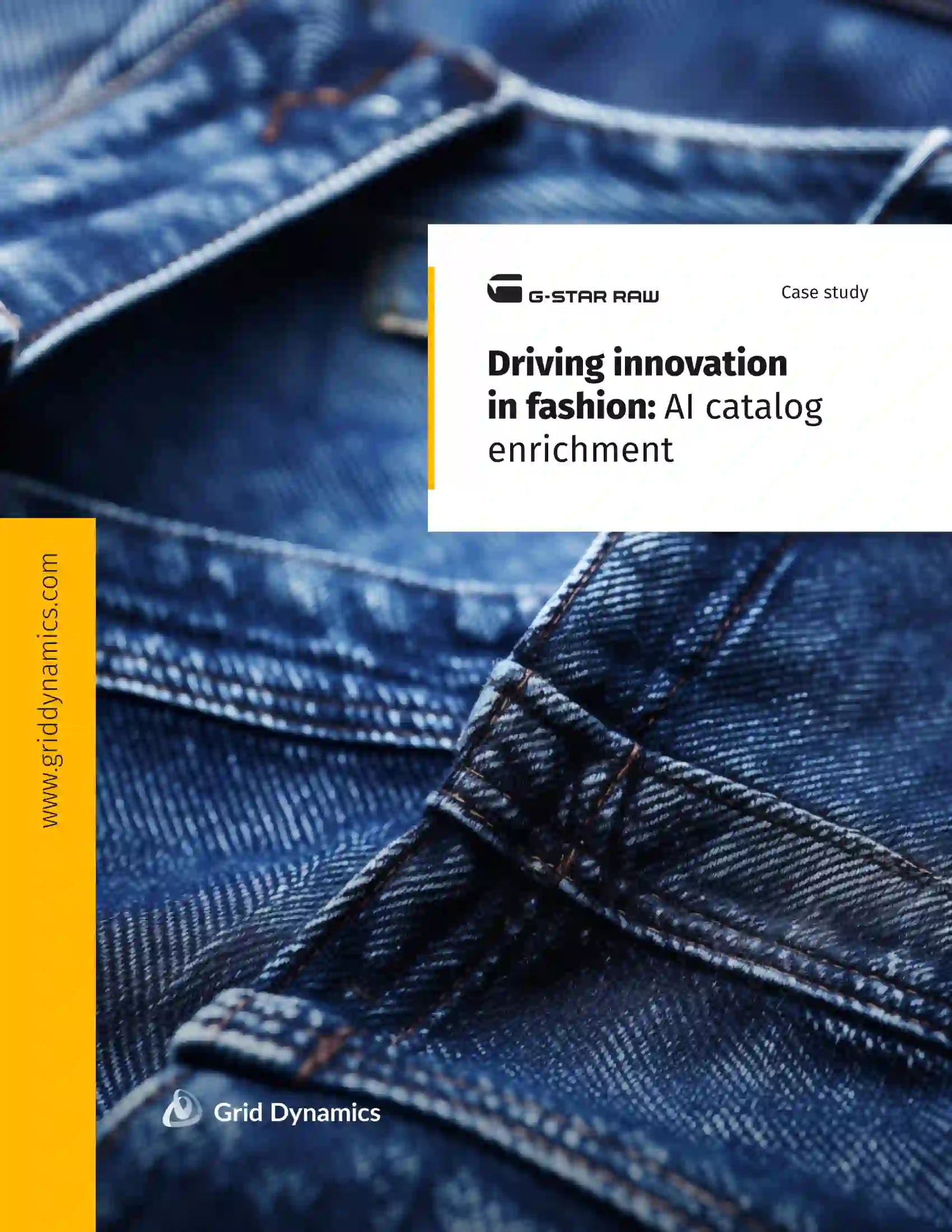 Cover of a Case Study with macro close-up of dark blue denim fabric with texture and copper-colored stitching details on it