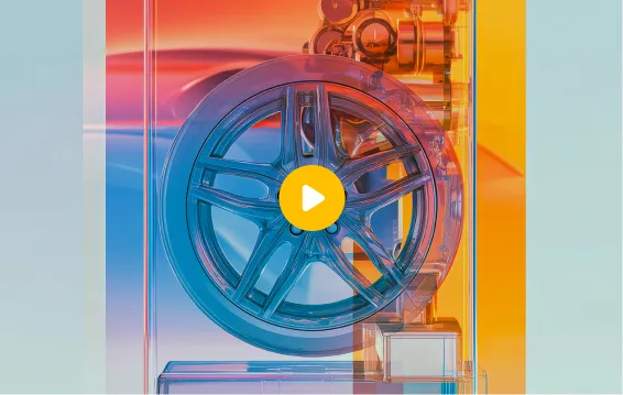 Abstract 3D render of a car wheel rim with vibrant blue, orange, and pink transparent layers