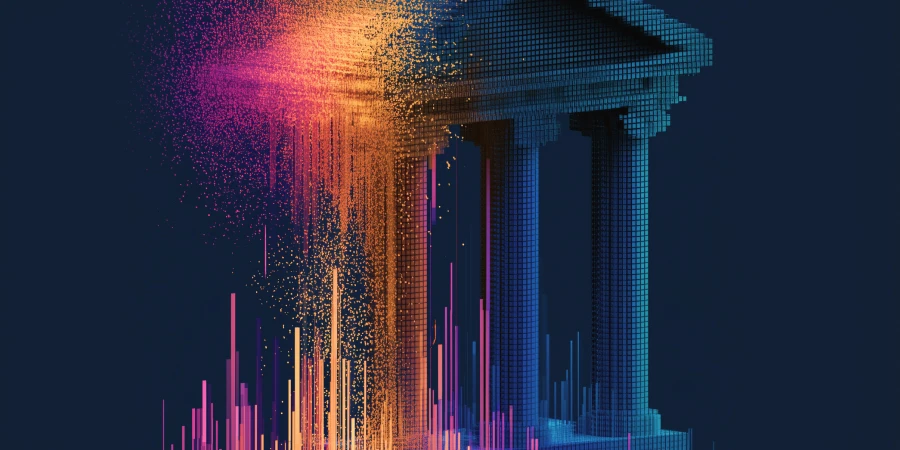 Abstract digital bank building transforming into glowing data streams and bar charts
