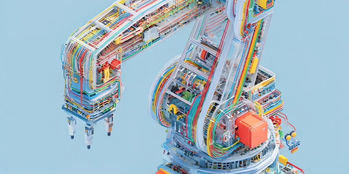 Robotic arm with many colourful details on blue background