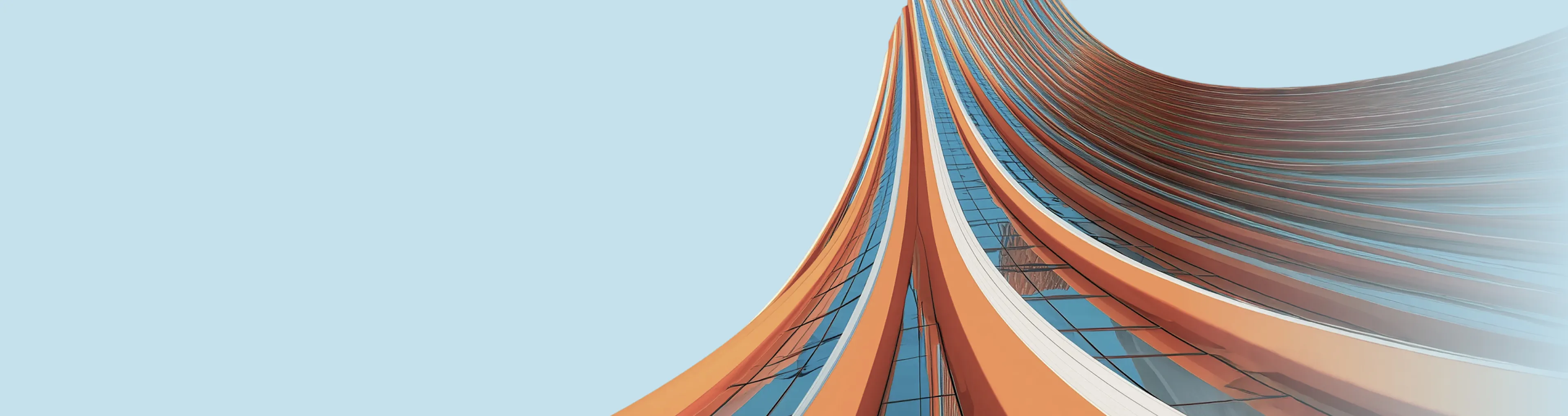 Abstract orange and blue curved architectural structure rising against light blue sky