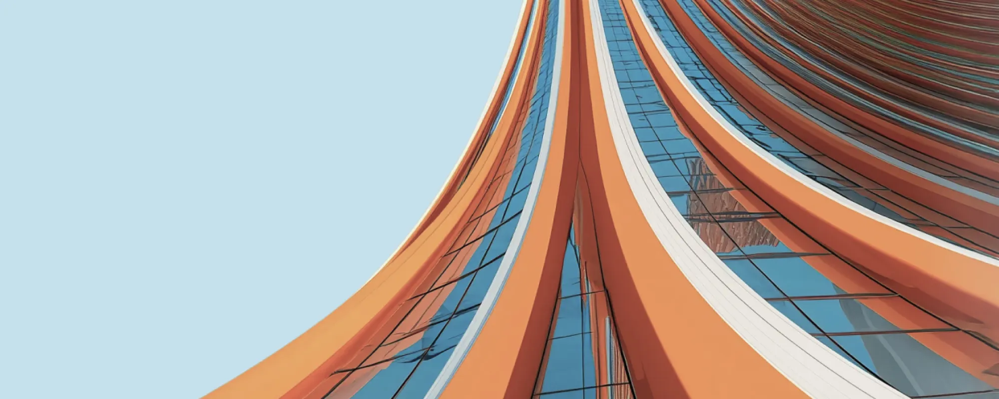 Abstract orange and blue curved architectural structure rising against light blue sky
