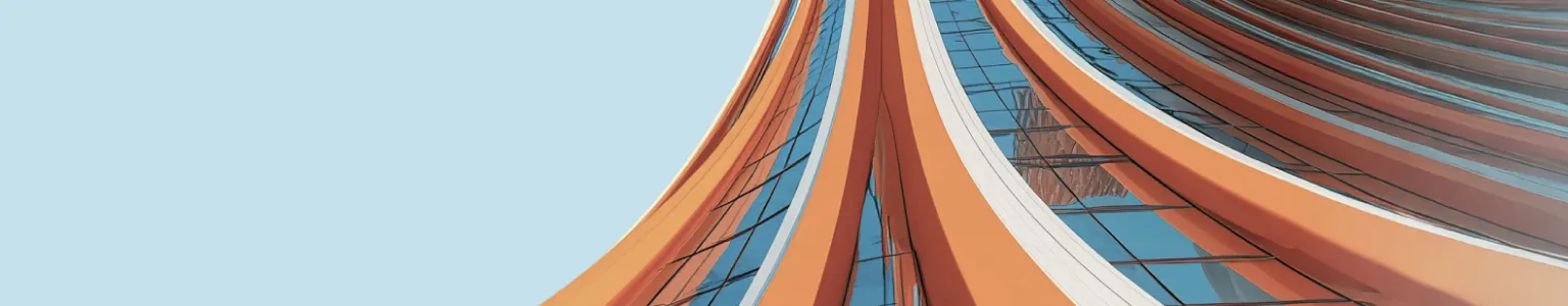 Abstract orange and blue curved architectural structure rising against light blue sky