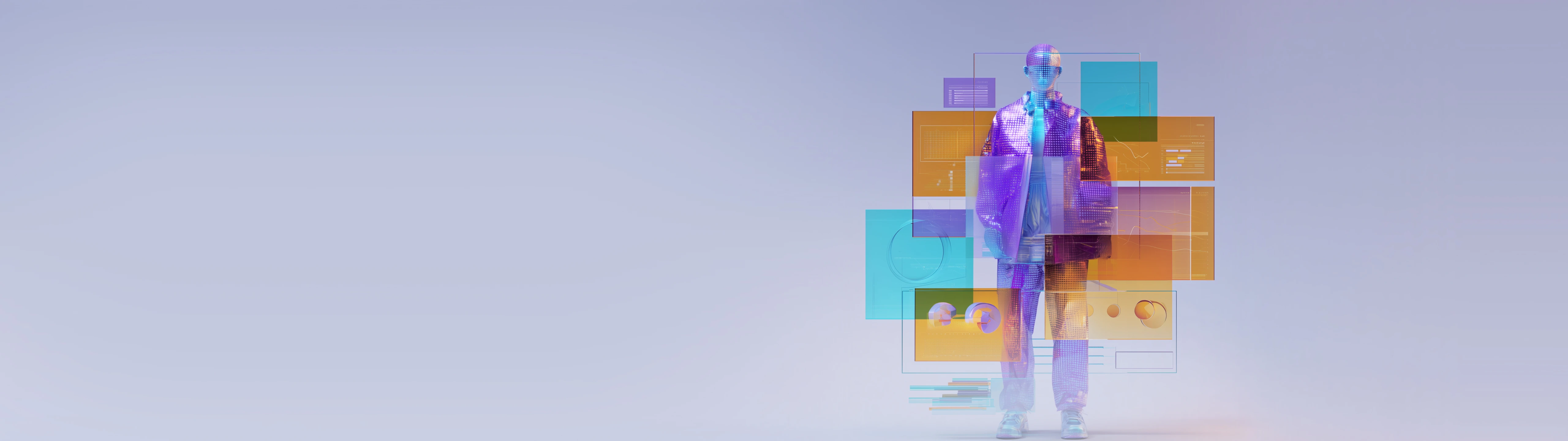 Abstract digital human figure surrounded by UI data panels and geometric overlays