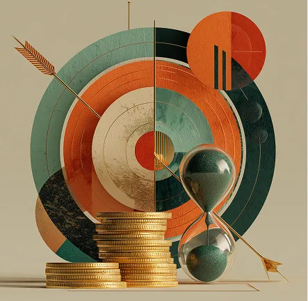 A detailed abstract artwork featuring a large target, a glass hourglass with green sand, and stacks of gold coins