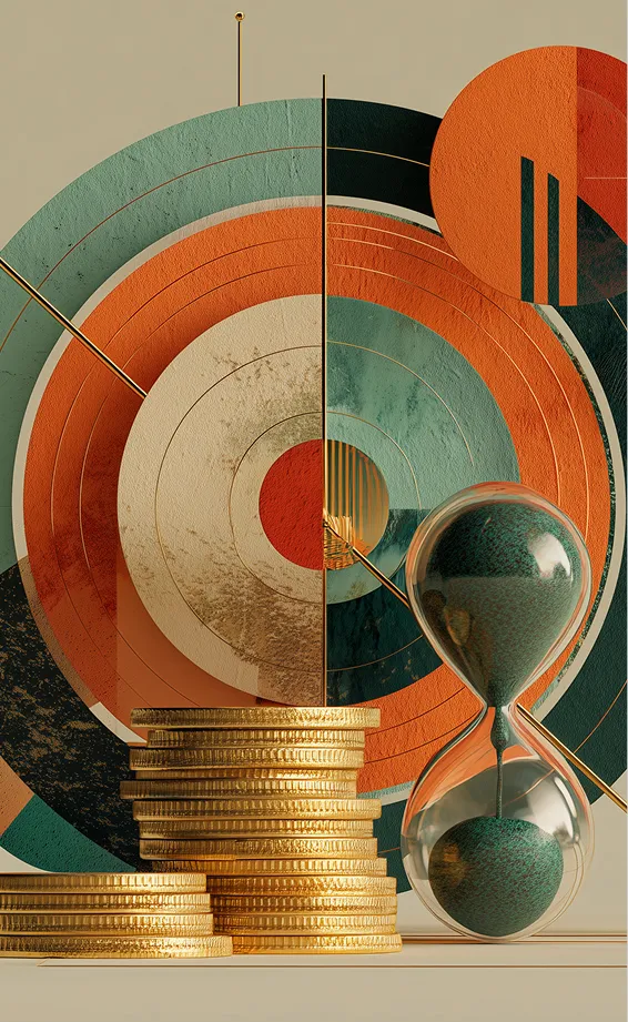A detailed abstract artwork featuring a large target, a glass hourglass with green sand, and stacks of gold coins