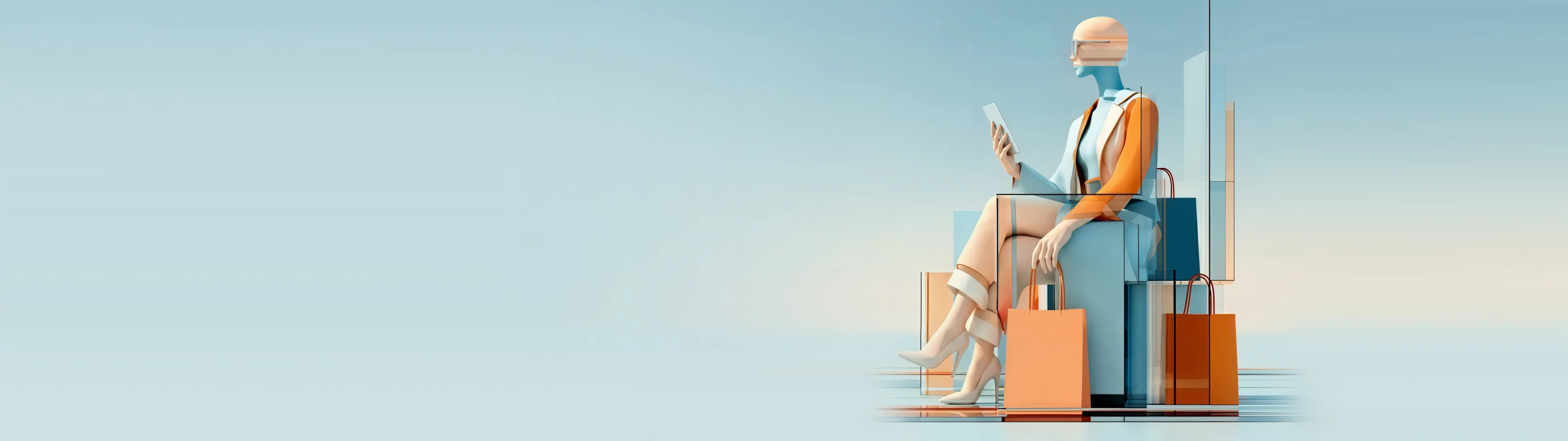 Abstract AI figure browsing phone surrounded by shopping bags