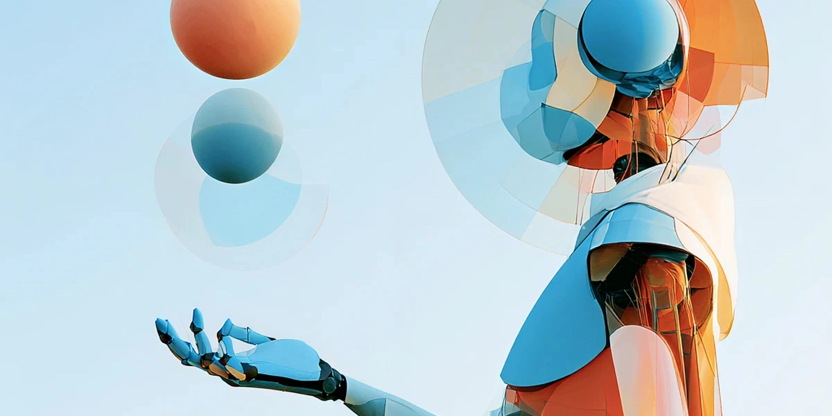 An artistic illustration of a robot's armored arm with an open blue hand reaching towards floating spheres (orange and grey-blue) and transparent geometric discs, with an abstract figure in the background.