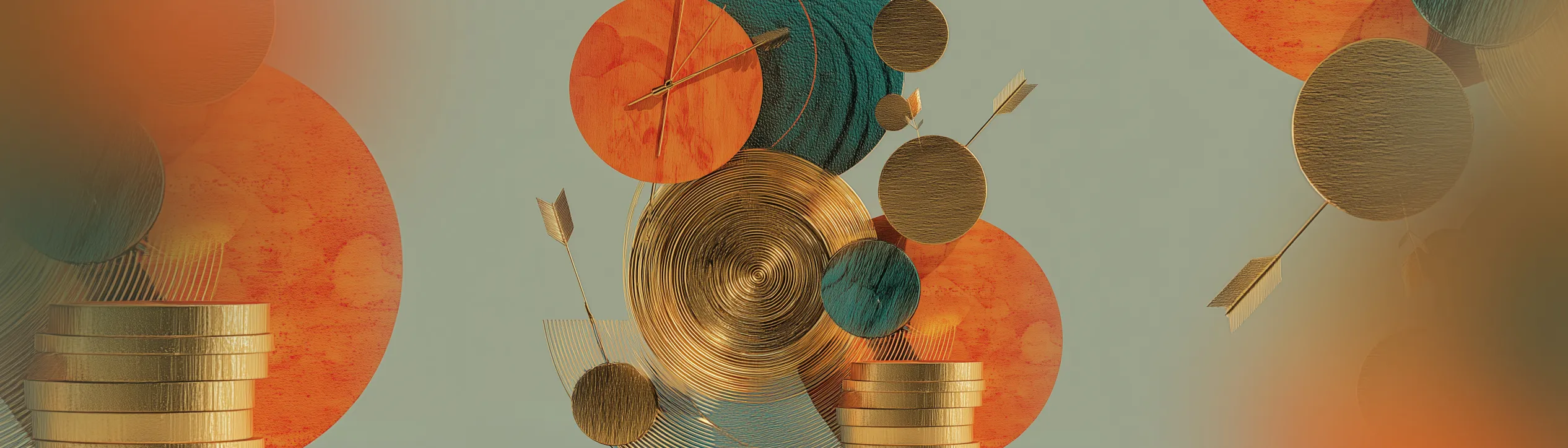 Abstract 3D composition featuring overlapping textured circles in gold, orange, and teal, accented by gold arrows and a stack of gold coins.