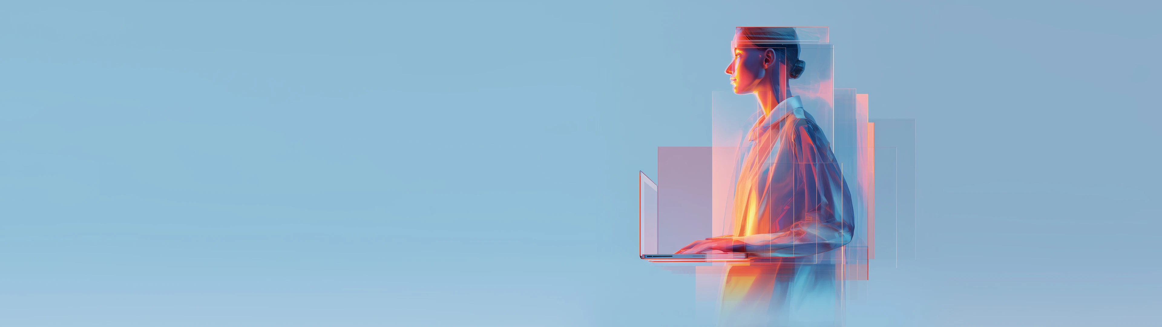 Abstract figure working on laptop with geometric overlays on blue background