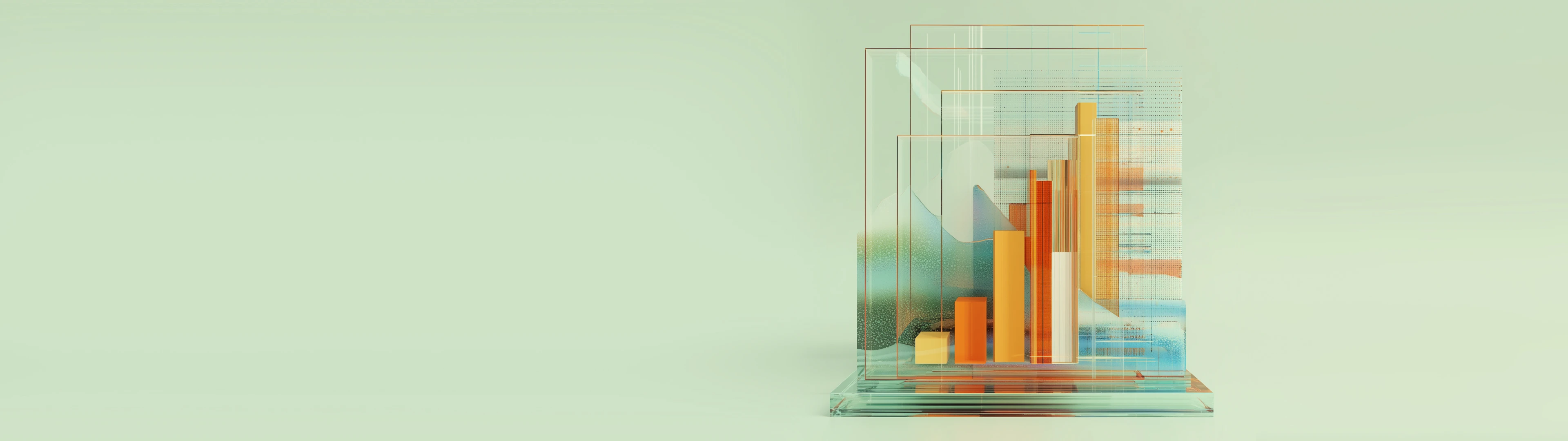 Abstract 3D bar chart with layered glass panels