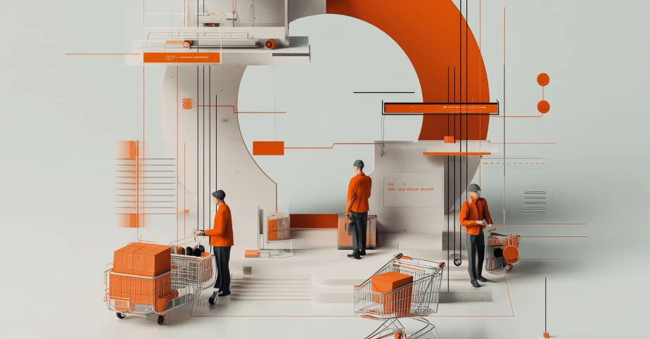 Abstract commerce scene with workers, carts, and parcels visualizing orchestrated agentic shopping journeys.