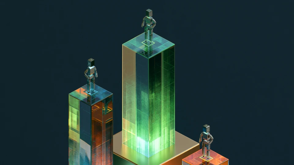 Abstract 3D robots standing on glowing glass pillars, visualizing performance comparison driven by a code generation harness.