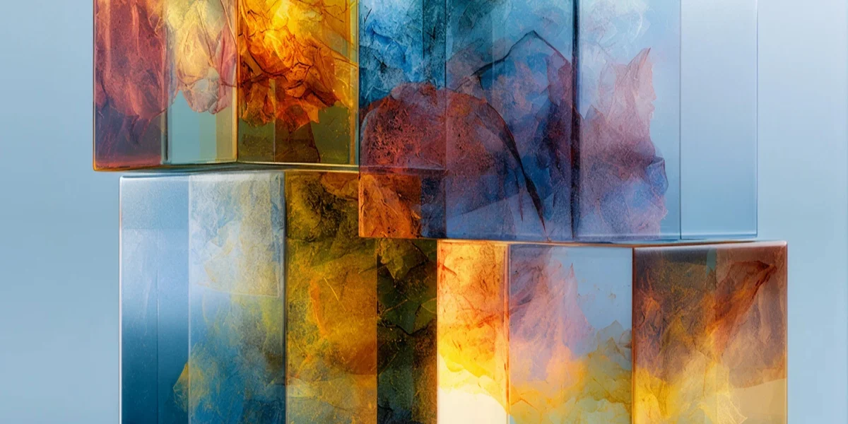 Stacked glass-like blocks with colorful blue and warm amber abstract patterns inside