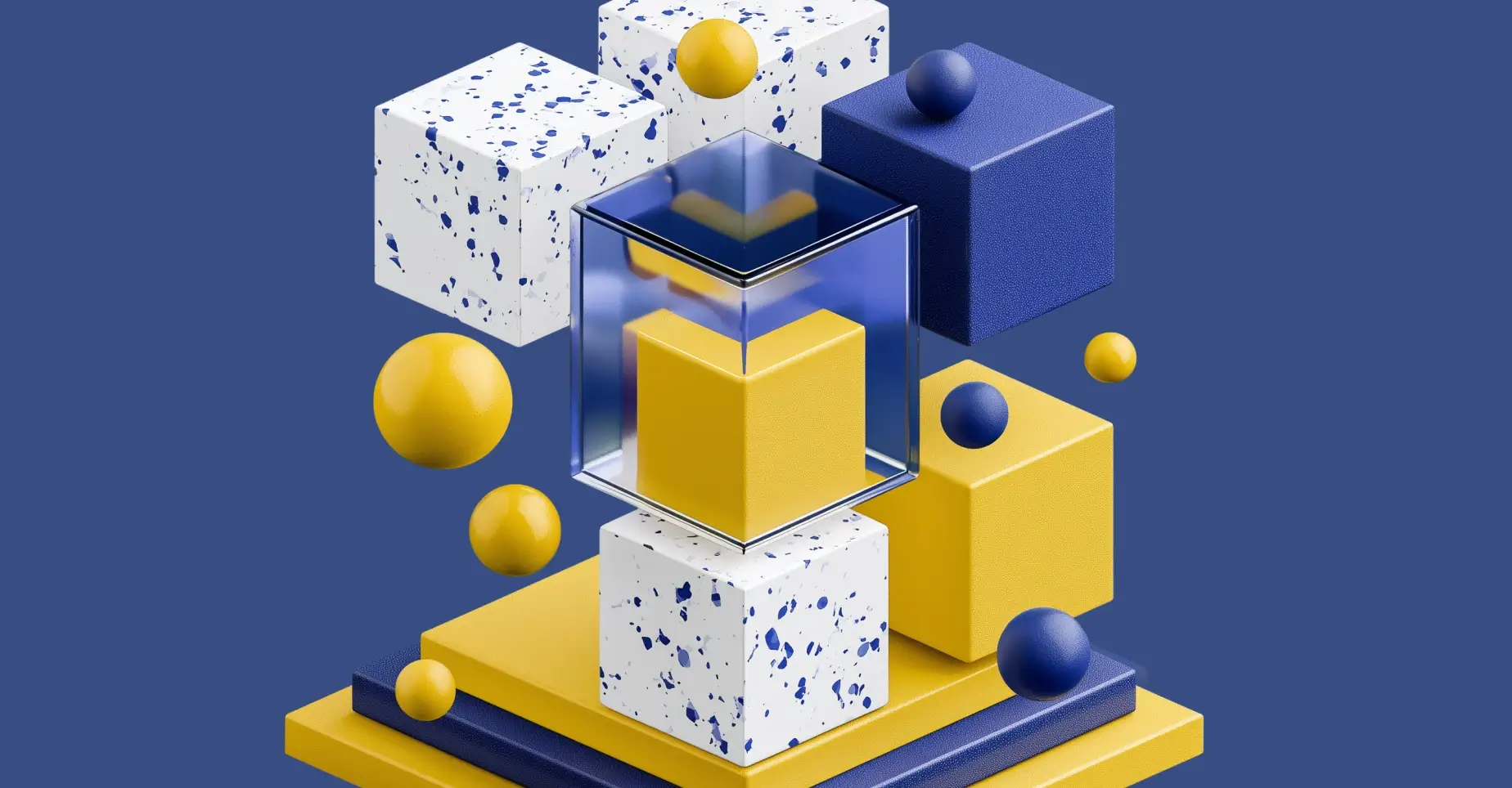 Geometric cubes and spheres symbolizing modular, connected architecture