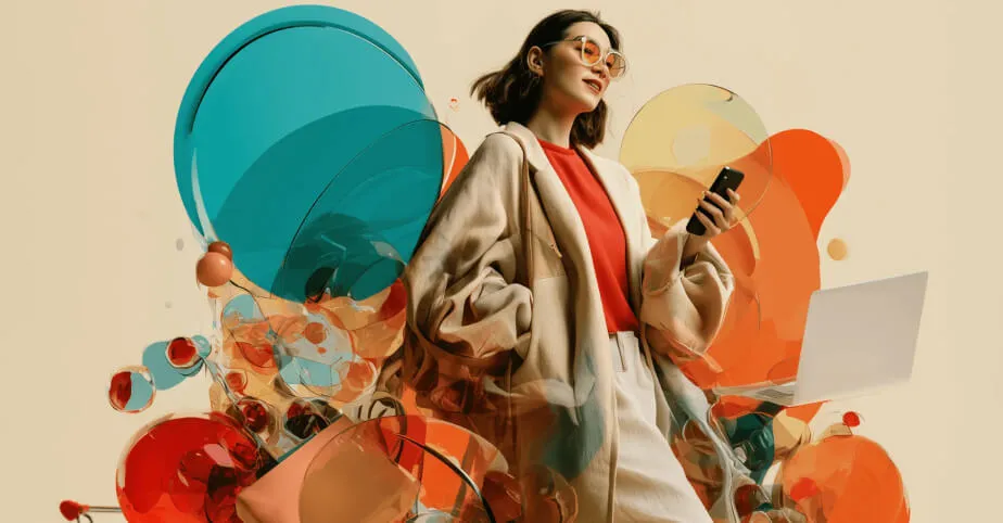 Fashion shopper using a smartphone beside a laptop, representing AI discoverability and agentic commerce readiness.