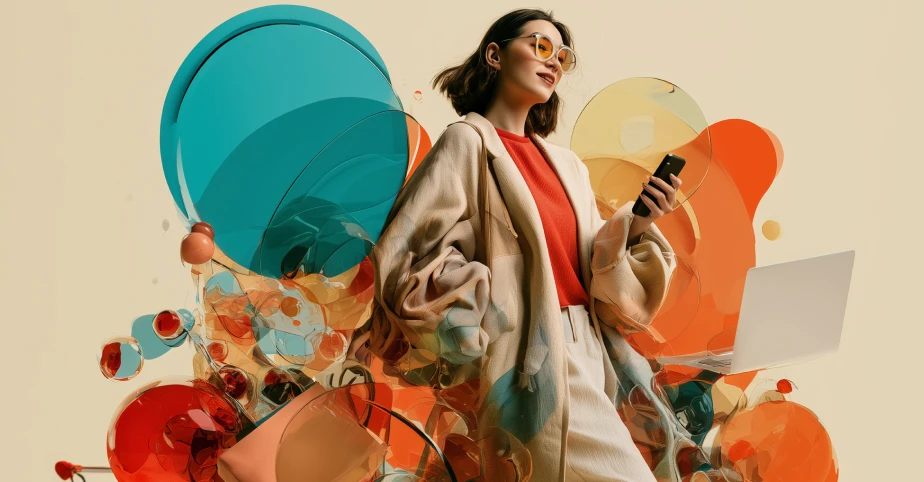 Fashion shopper using a smartphone beside a laptop, representing AI discoverability and agentic commerce readiness.