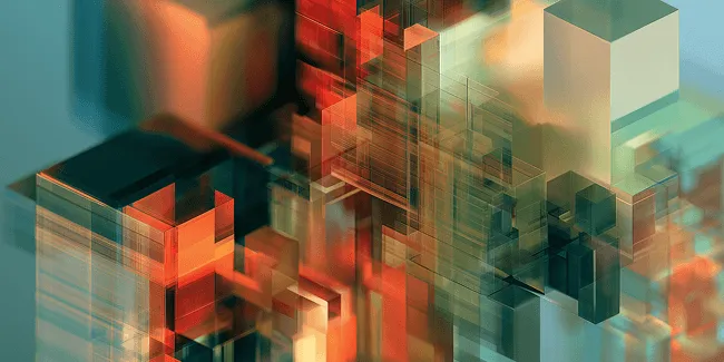 Abstract digital architecture composed of translucent geometric blocks in teal, orange, and green, suggesting interconnected enterprise systems and AI transformation.