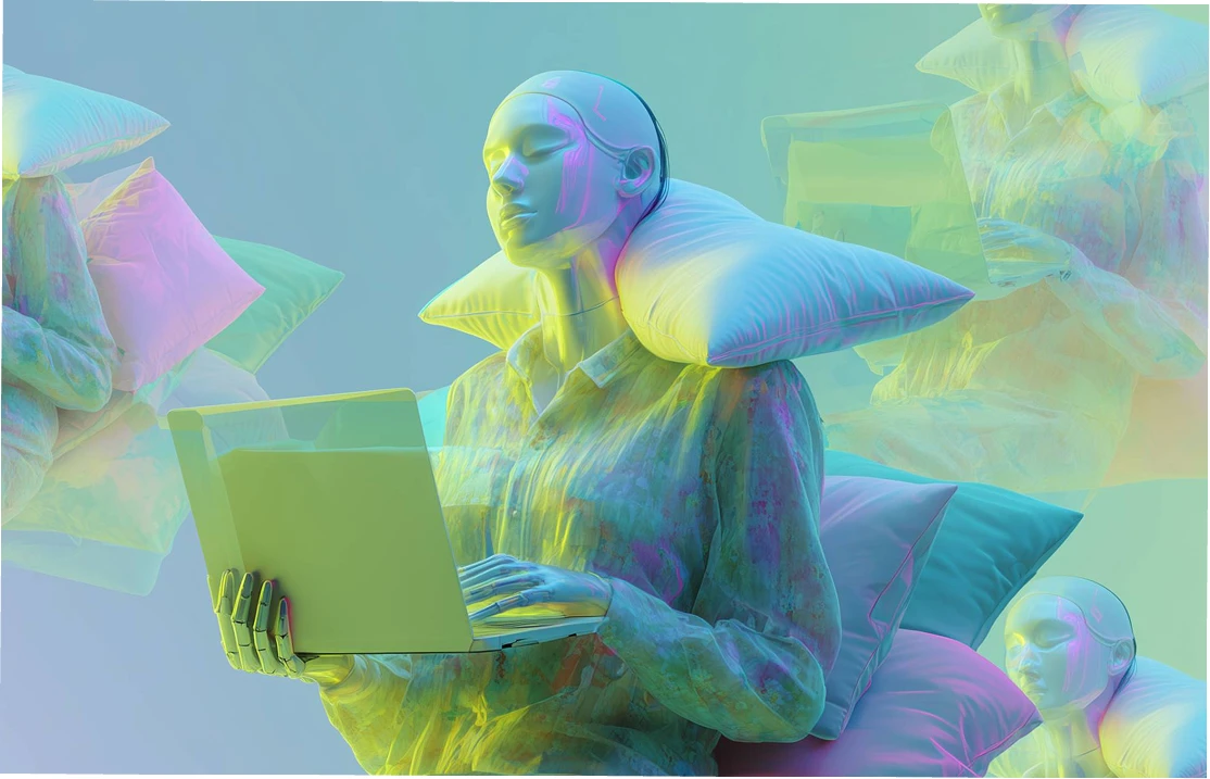 AI agent observability visual with a digital assistant using a laptop amid pillows.