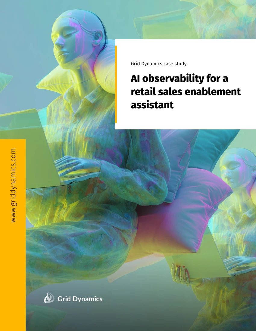 Abstract illustration of humanoid figures using laptops, with a case study cover titled “AI observability for a retail sales enablement assistant.”