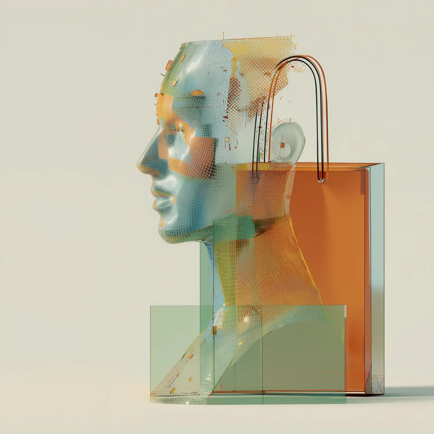 Abstract human head profile merging into orange shopping bag