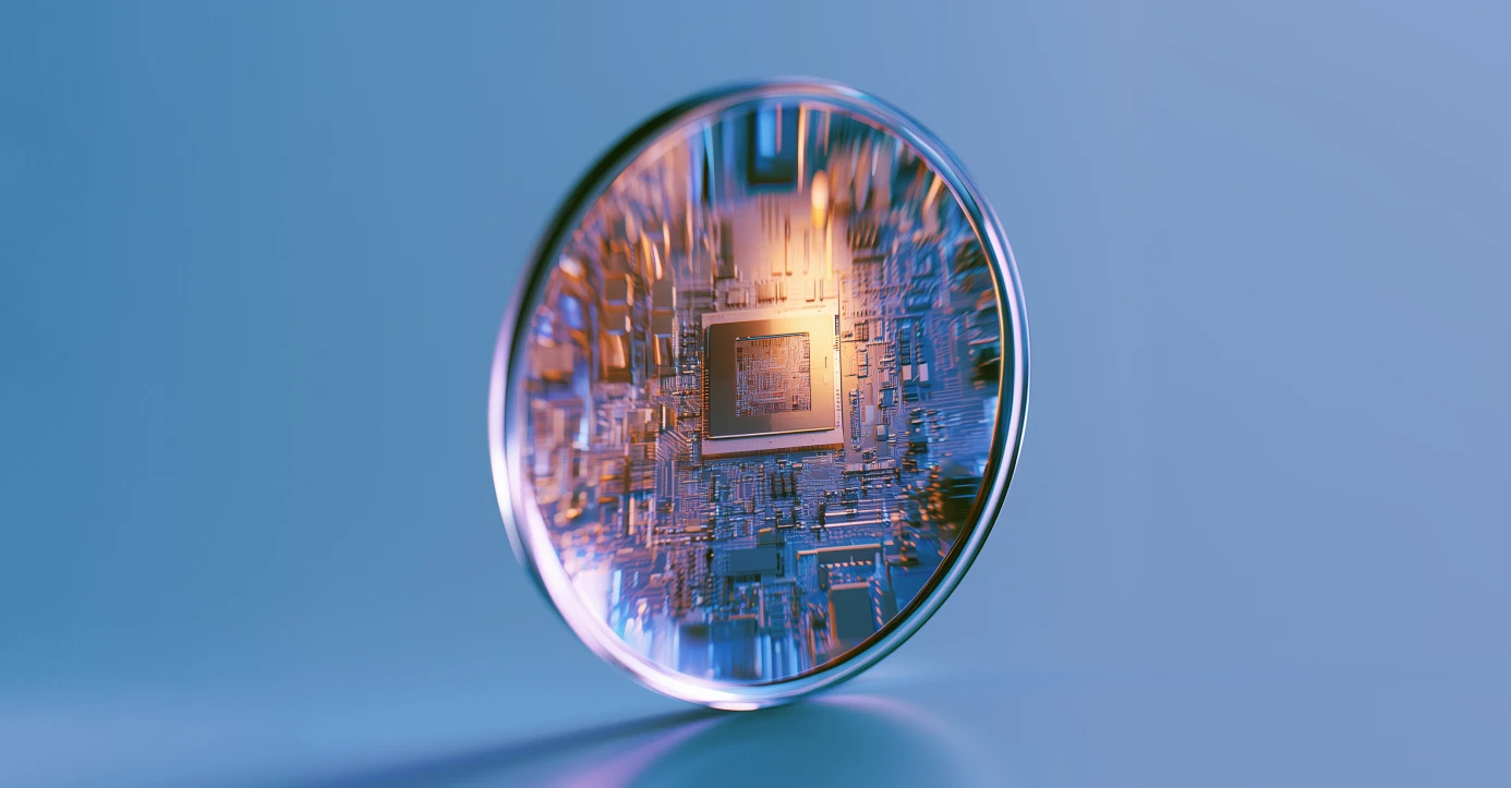 Magnified lens revealing circuit board microchip
