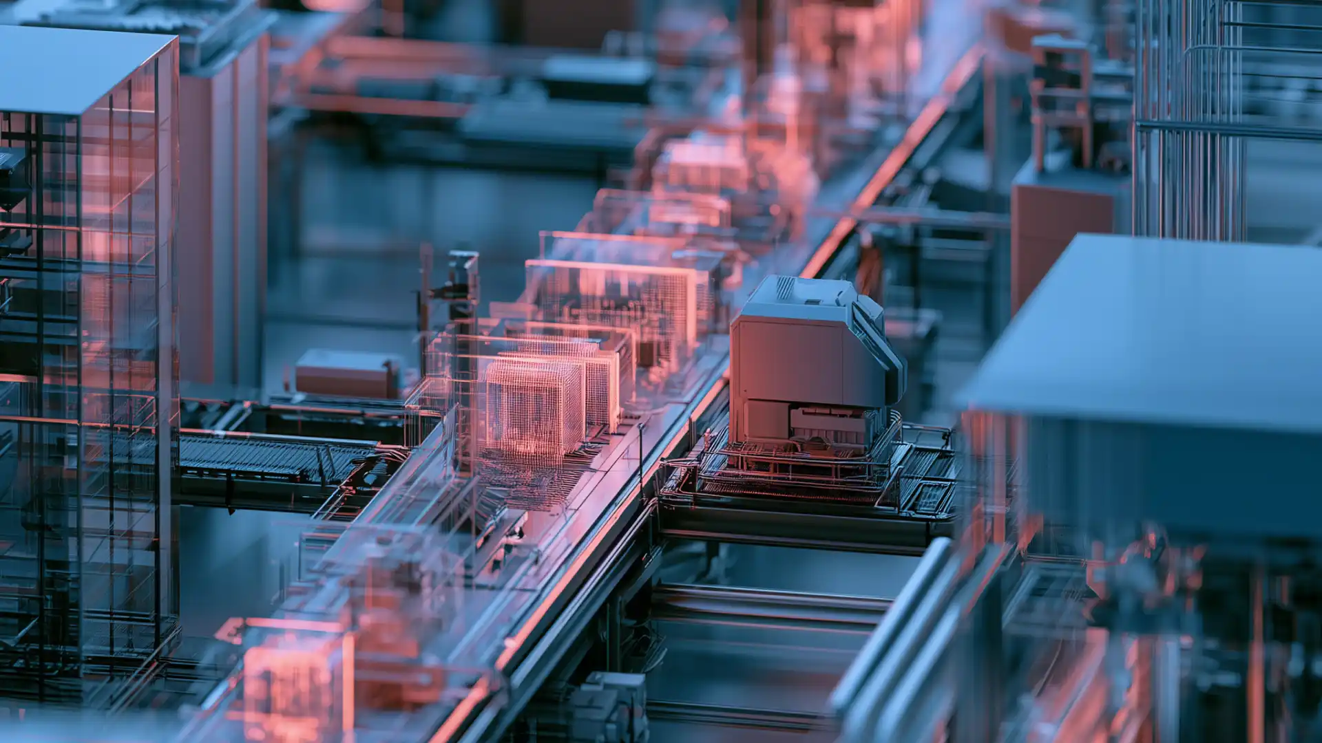 A detailed high-angle view of an intricate, futuristic industrial data center complex with multi-layered structures and pipes, illuminated by cool blue and glowing reddish-pink lights.