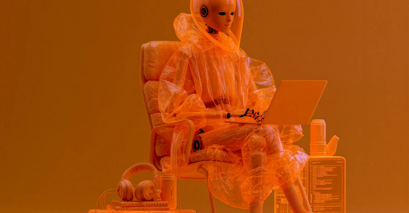 Stylized orange robot wearing a translucent suit and working on a laptop, representing AI agents powering modern test automation.