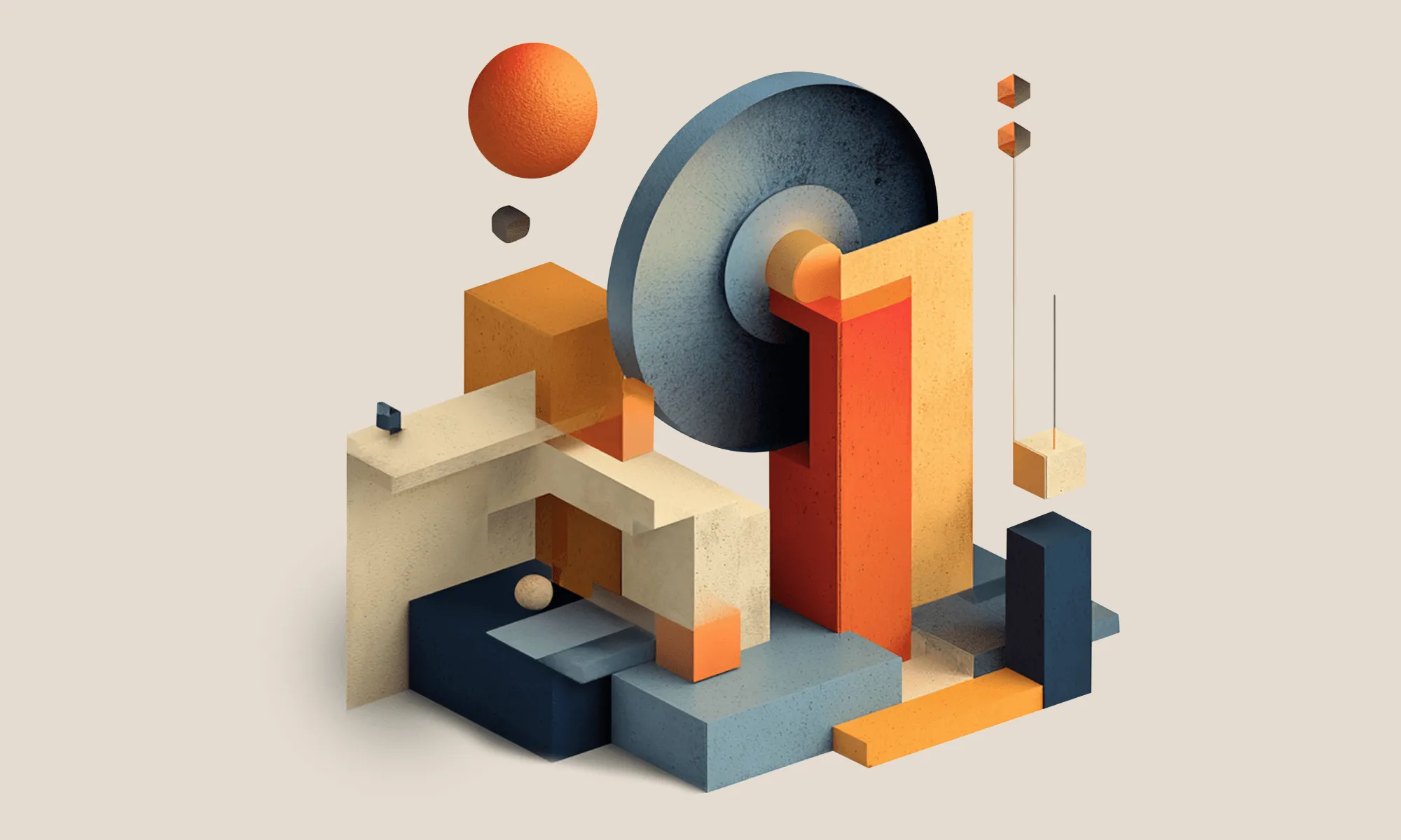 Abstract geometric sculpture composed of circles, rectangles, arches, and spheres in beige, orange, red, blue, and teal tones.