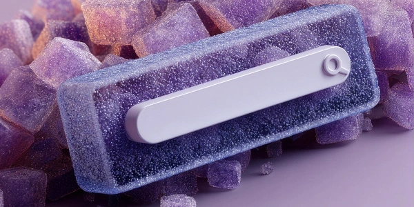 Smooth purple search bar with magnifying glass on textured crystal cubes.