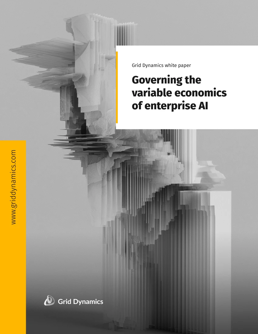 White-paper cover for “Governing the variable economics of enterprise AI,” with abstract grayscale architecture representing AI tokenomics